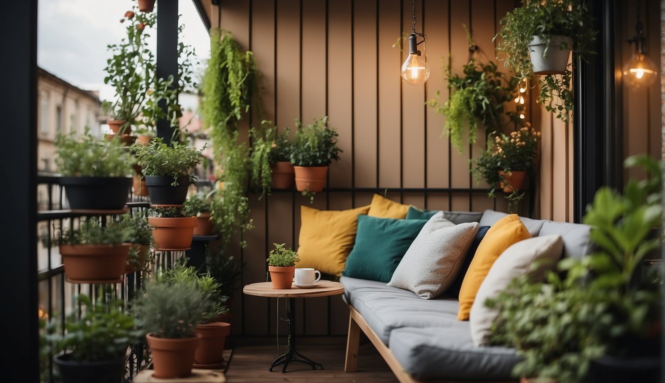 A small balcony with hanging plants, potted herbs, and fairy lights. A cozy seating area with colorful cushions and a small table