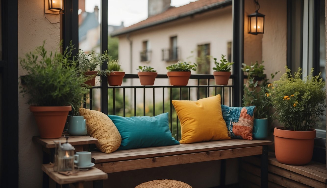 A cozy balcony with potted plants, hanging lanterns, and colorful cushions on a bench. A small table with a teapot and cups completes the inviting scene