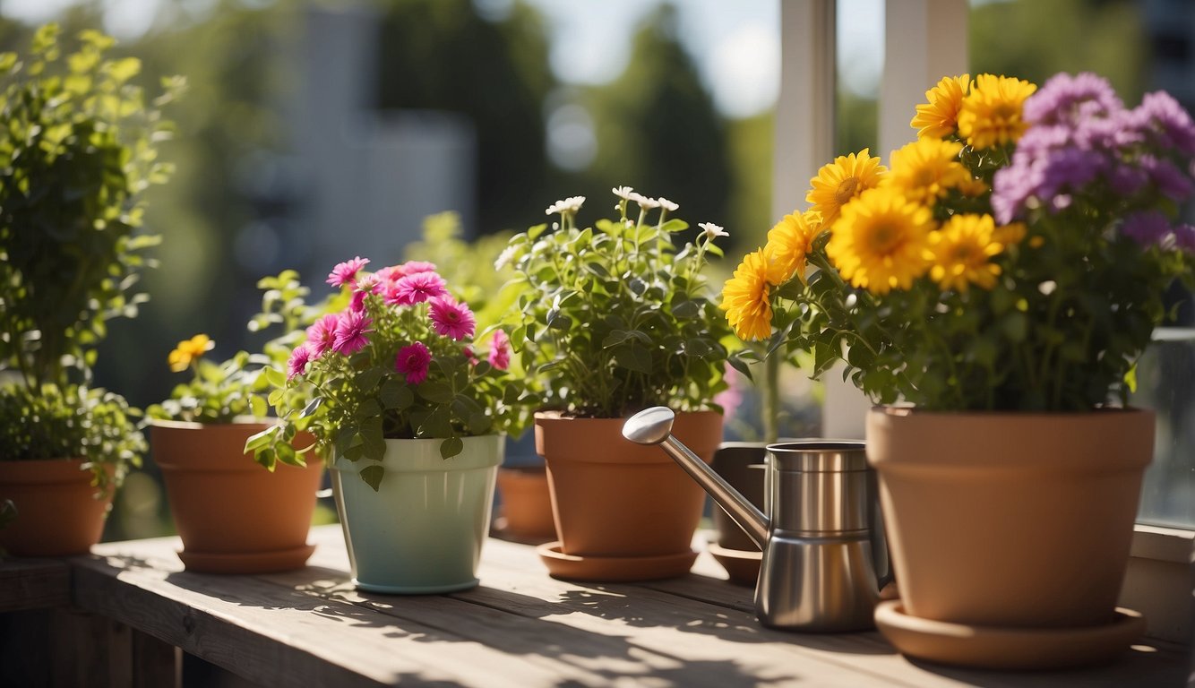 A person waters potted plants on a sunny balcony, surrounded by colorful flowers and greenery. A small table holds gardening tools and decorative items