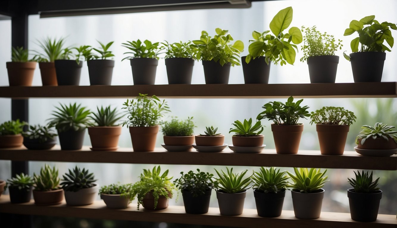 Plants arranged on shelves, hanging from the ceiling, and in pots on tables in a well-lit indoor garden space