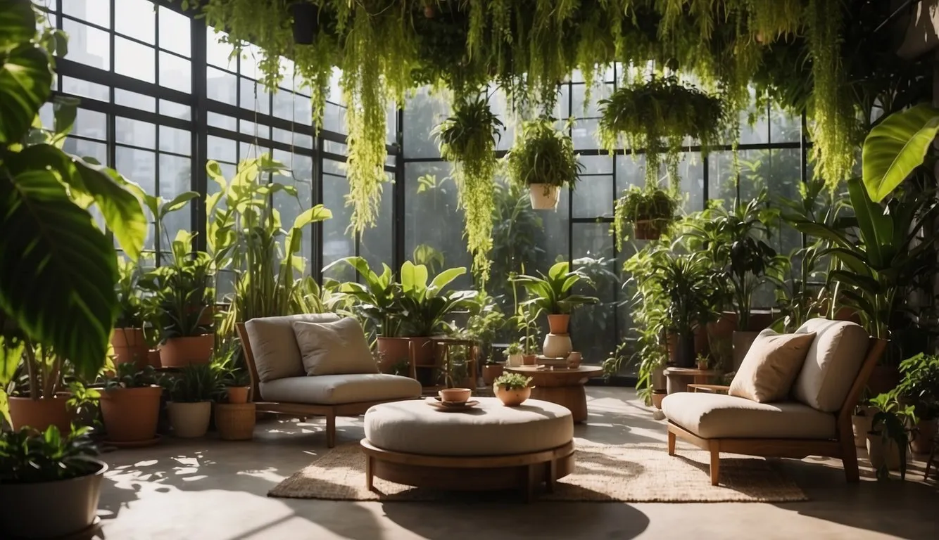 Lush greenery fills a sunlit indoor space, with hanging plants, potted trees, and a cascading waterfall feature. A cozy seating area is nestled among the foliage, creating a tranquil oasis