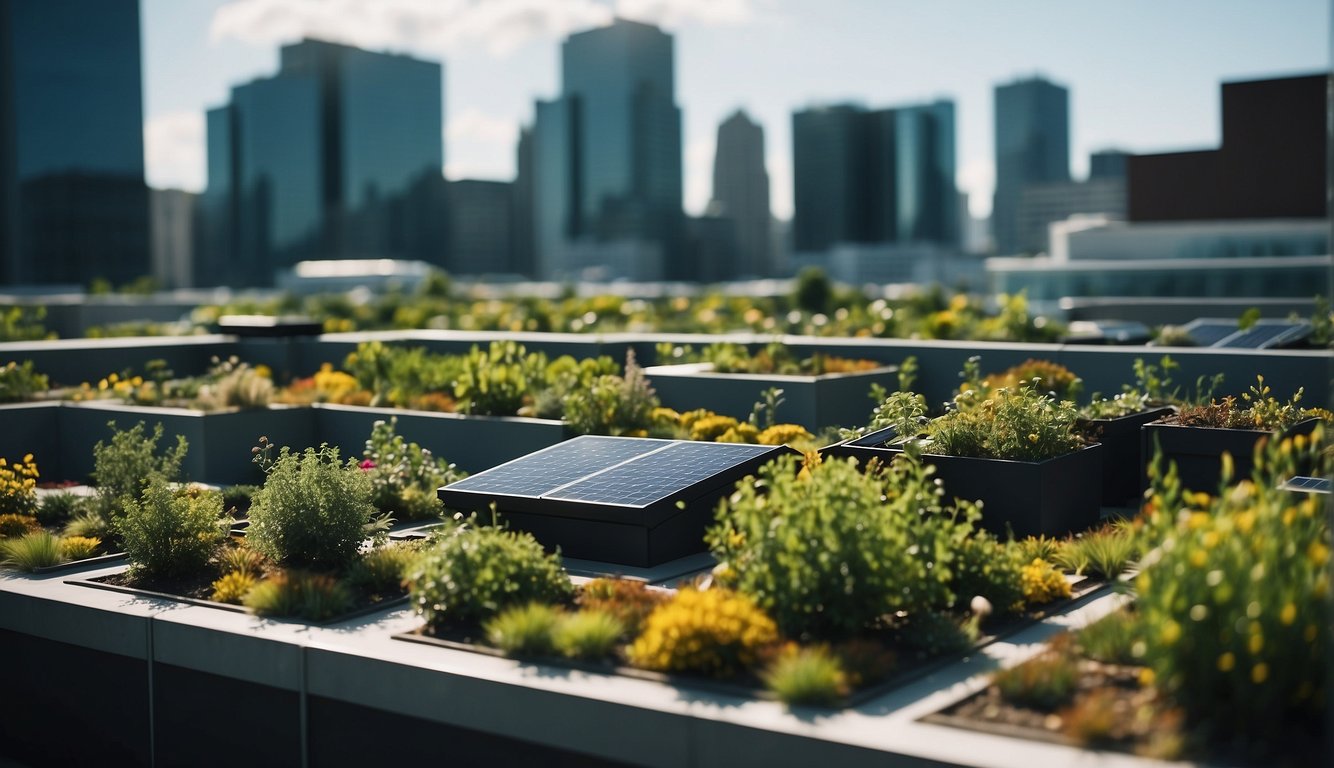A modern cityscape with buildings featuring green roofs, solar panels, and efficient cooling systems. The urban landscape is filled with lush vegetation and the air is noticeably cooler