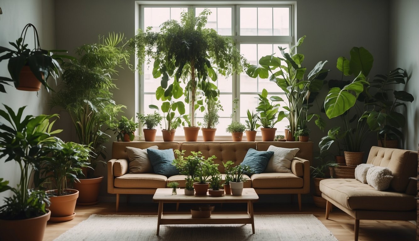 A room with potted plants, eco-friendly wall art, and upcycled furniture, creating a sustainable and stylish screen decor