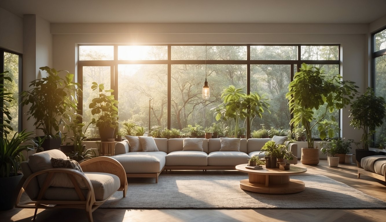 A modern living room with LED lighting, smart energy-efficient bulbs, and sustainable decor. Natural light floods in through large windows, highlighting eco-friendly materials and plants