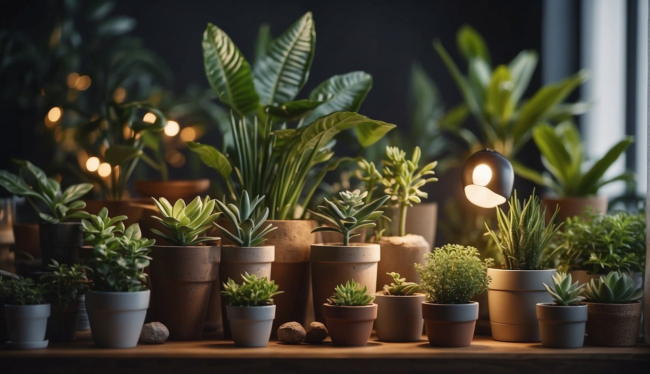 A variety of eco-friendly decor items arranged on a screen, including potted plants, recycled art, and energy-efficient lighting