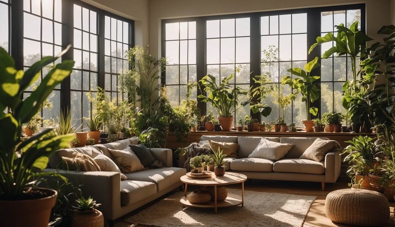 A cozy living room with plants, natural materials, and air-purifying decor. Sunlight streams in through open windows, creating a healthy and sustainable indoor environment