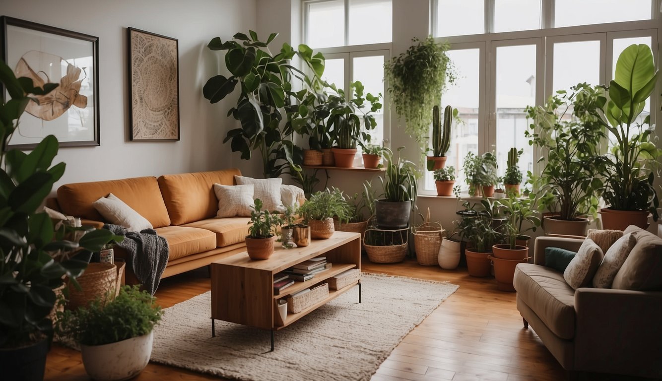 A cozy living room with potted plants, eco-friendly wall art, and upcycled furniture, creating a sustainable and stylish space