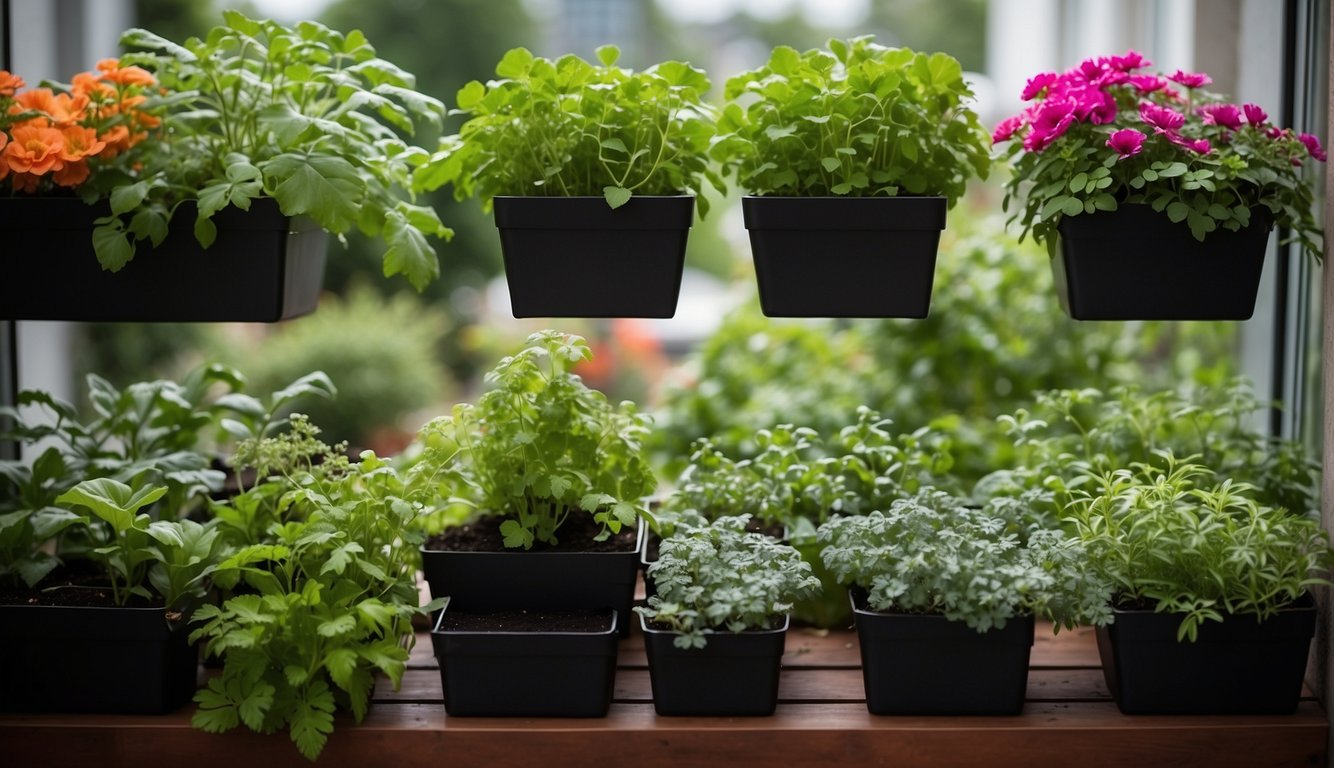 Lush green plants fill the compact space, thriving in hanging baskets, vertical planters, and window boxes. A variety of herbs, flowers, and vegetables create a vibrant and functional small space garden