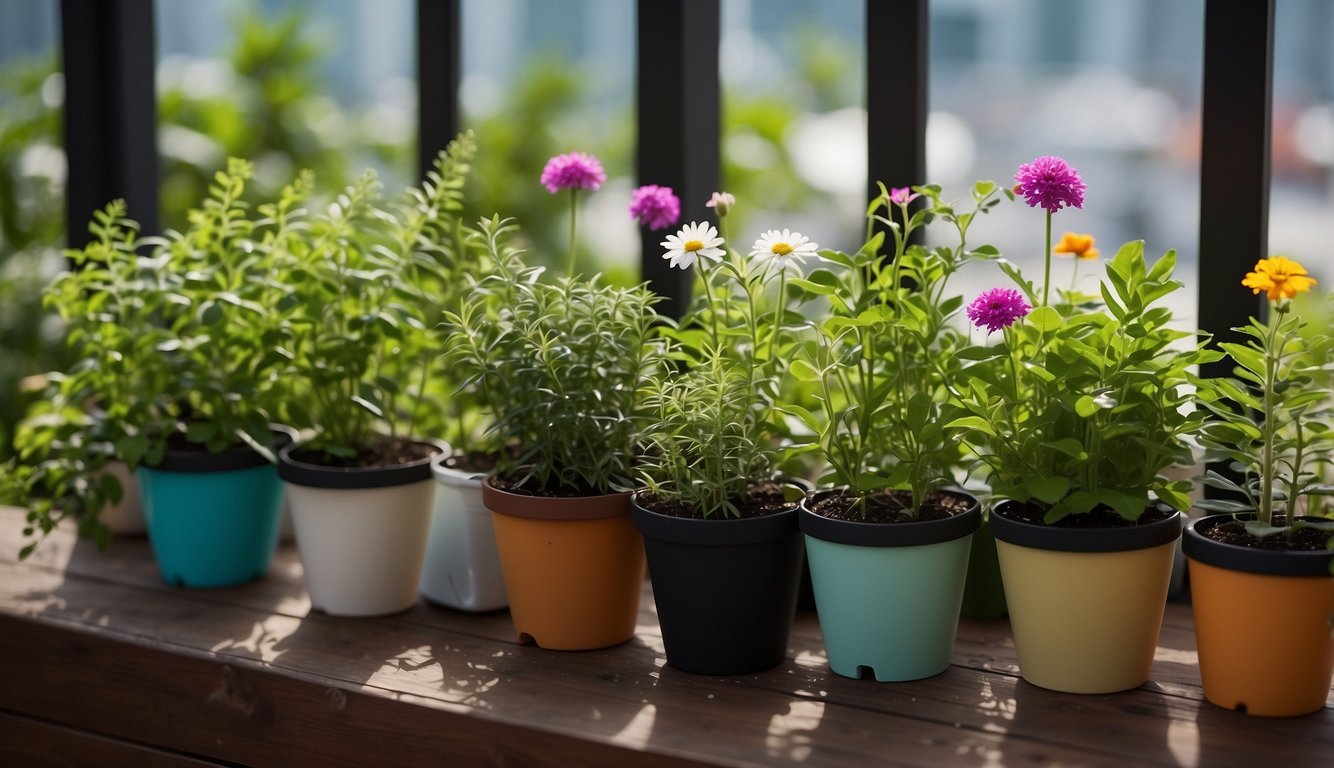 Lush green plants growing in small containers on a balcony, with colorful flowers and herbs thriving in a limited space