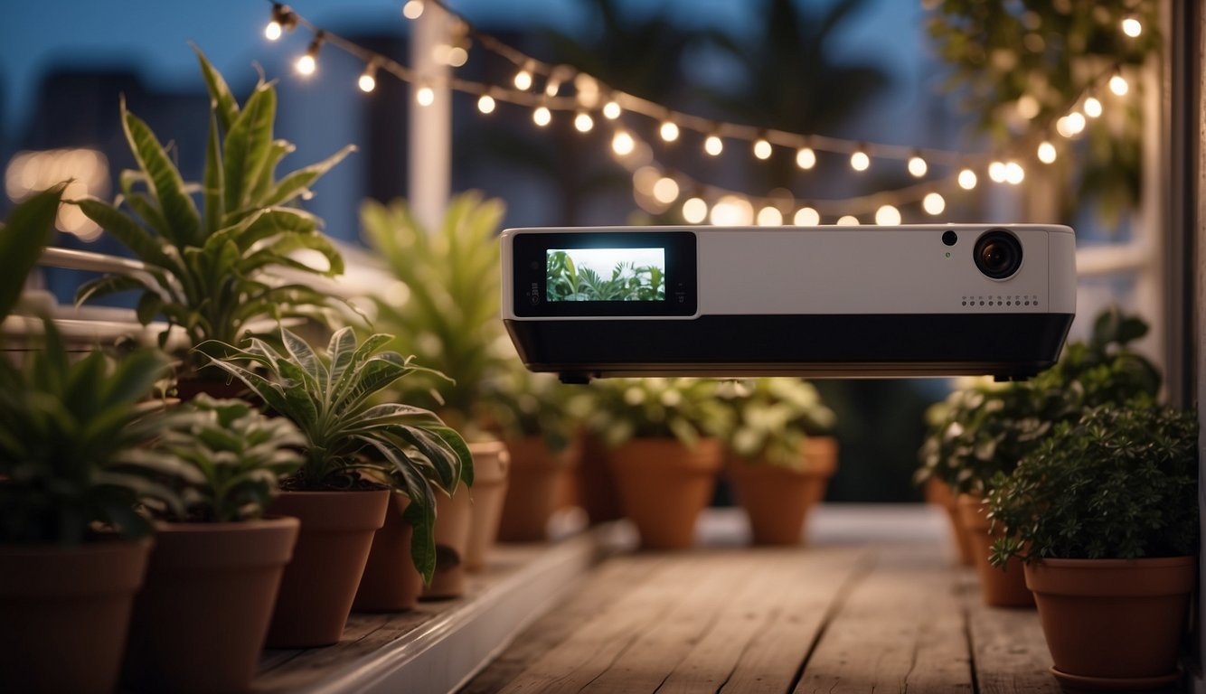 A projector casts a film onto a white sheet hung on a balcony railing, surrounded by fairy lights and potted plants