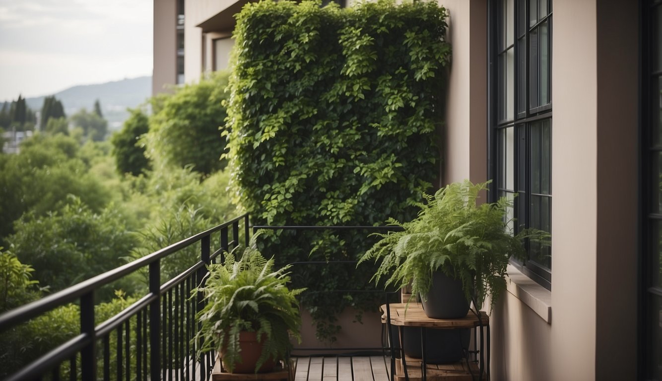 A balcony with lush green plants creating a natural privacy screen. Tall potted trees and climbing vines provide a barrier from neighboring buildings