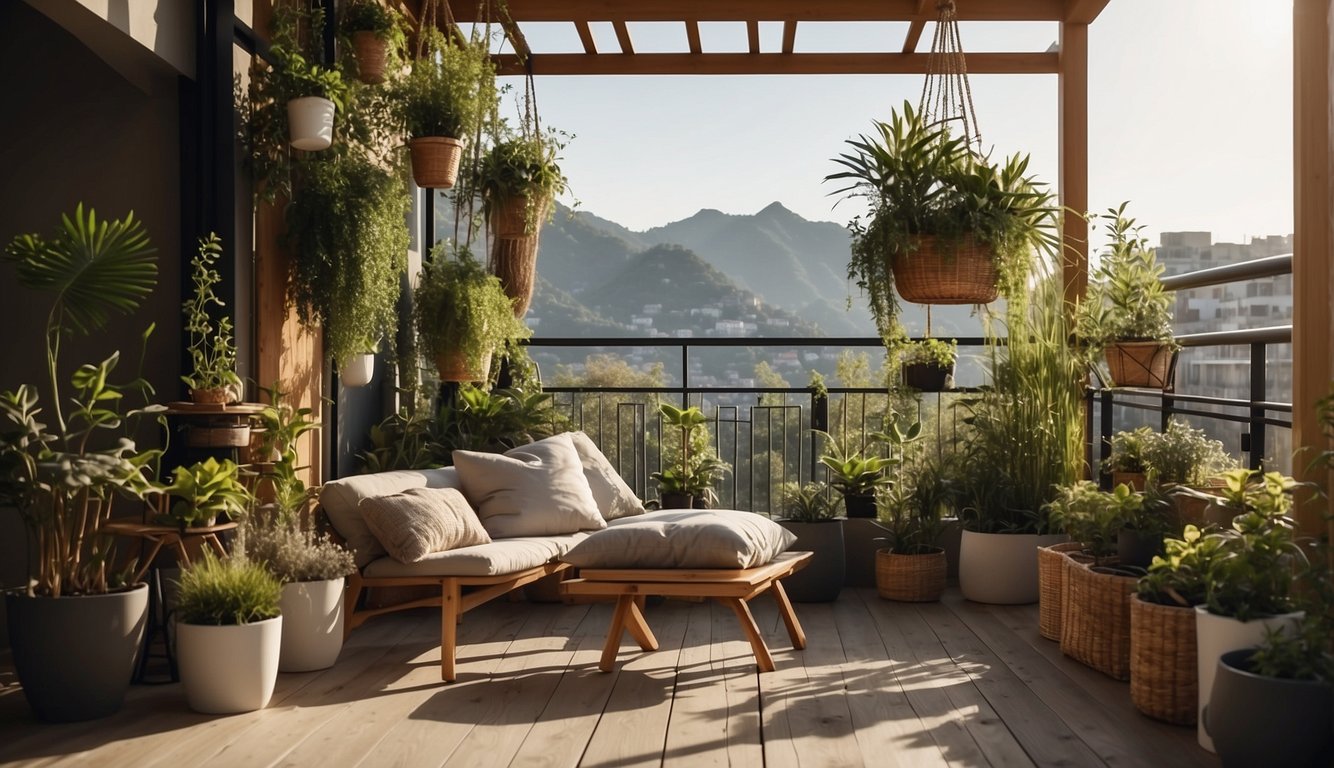 A balcony with creative privacy solutions, such as hanging plants, bamboo screens, and decorative panels. The space feels secluded and inviting, with a mix of natural and artistic elements