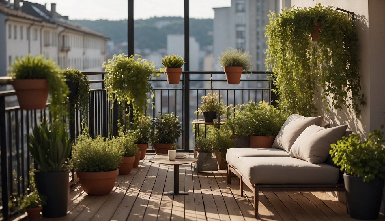 A balcony with a creative screening technique, such as hanging plants or decorative panels, creating a visually appealing and functional space