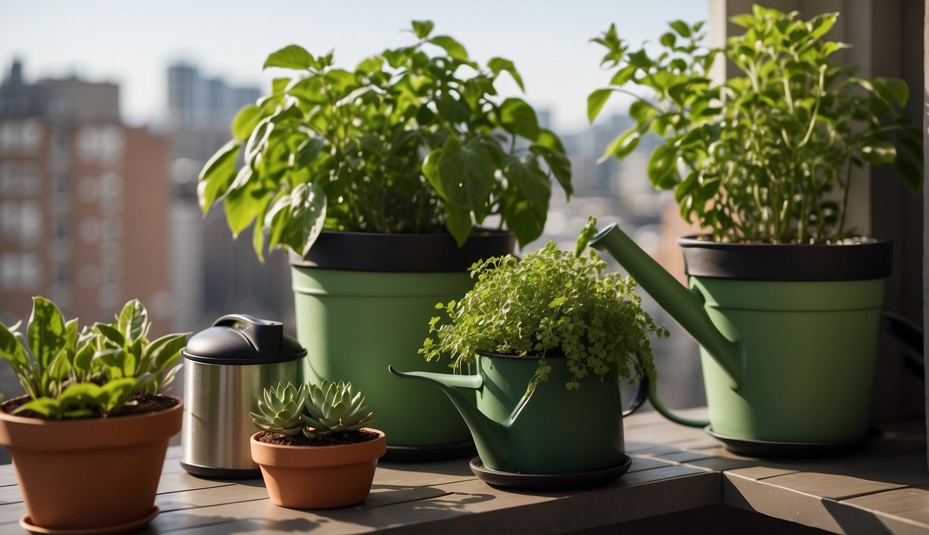 Lush green plants in pots on a sunny balcony, with a small table and watering can nearby. A cityscape or natural backdrop is visible in the distance