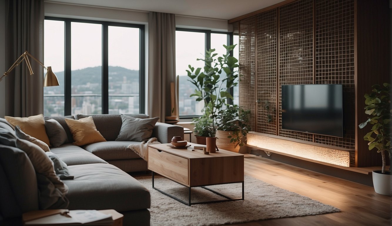 A cozy apartment living room with a modern eco privacy screen dividing the space, creating a sense of separation while maintaining an open and airy feel