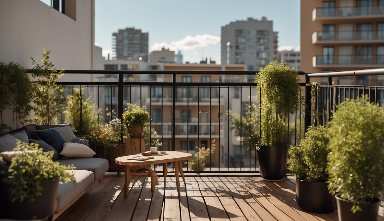 A balcony with a modern apartment building in the background. The balcony is adorned with eco-friendly privacy screens made of bamboo or other sustainable materials