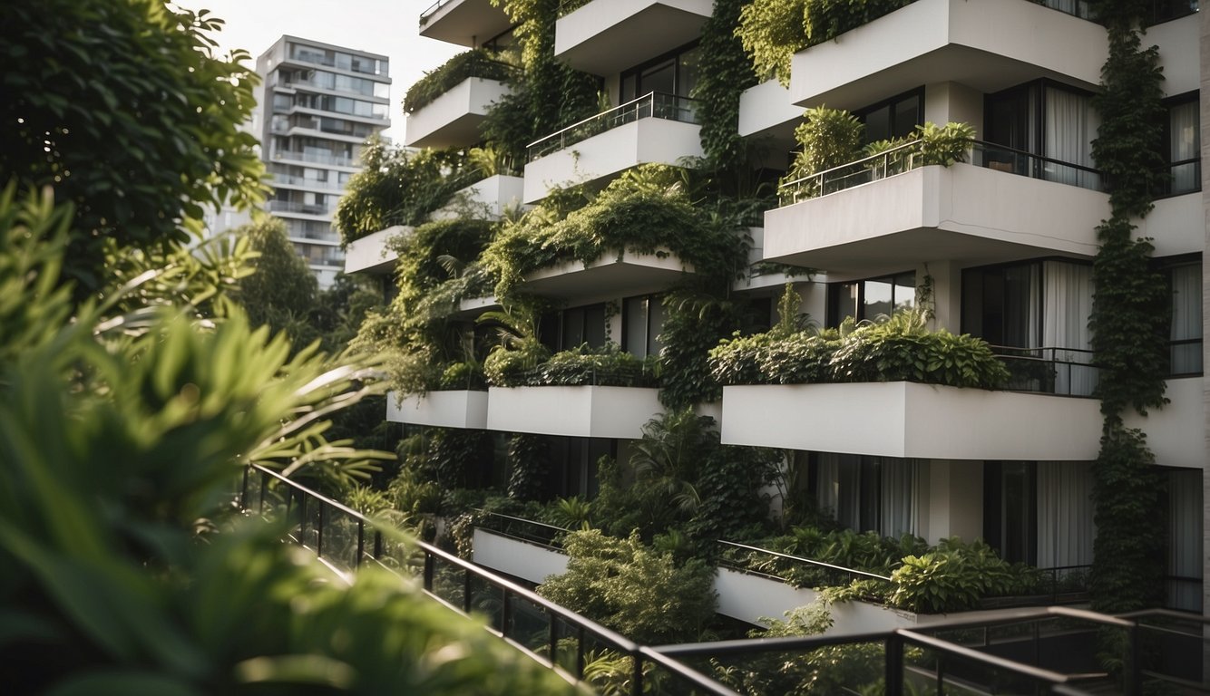 Lush greenery and modern privacy screens adorn apartment balconies, with maintenance tools nearby