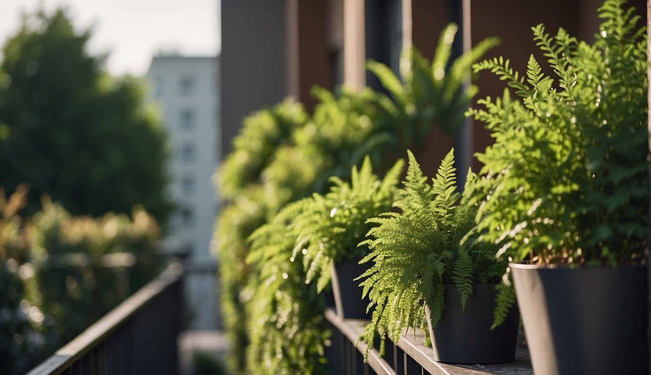A row of tall, lush green plants create a natural barrier between apartment balconies, providing privacy and a sense of seclusion