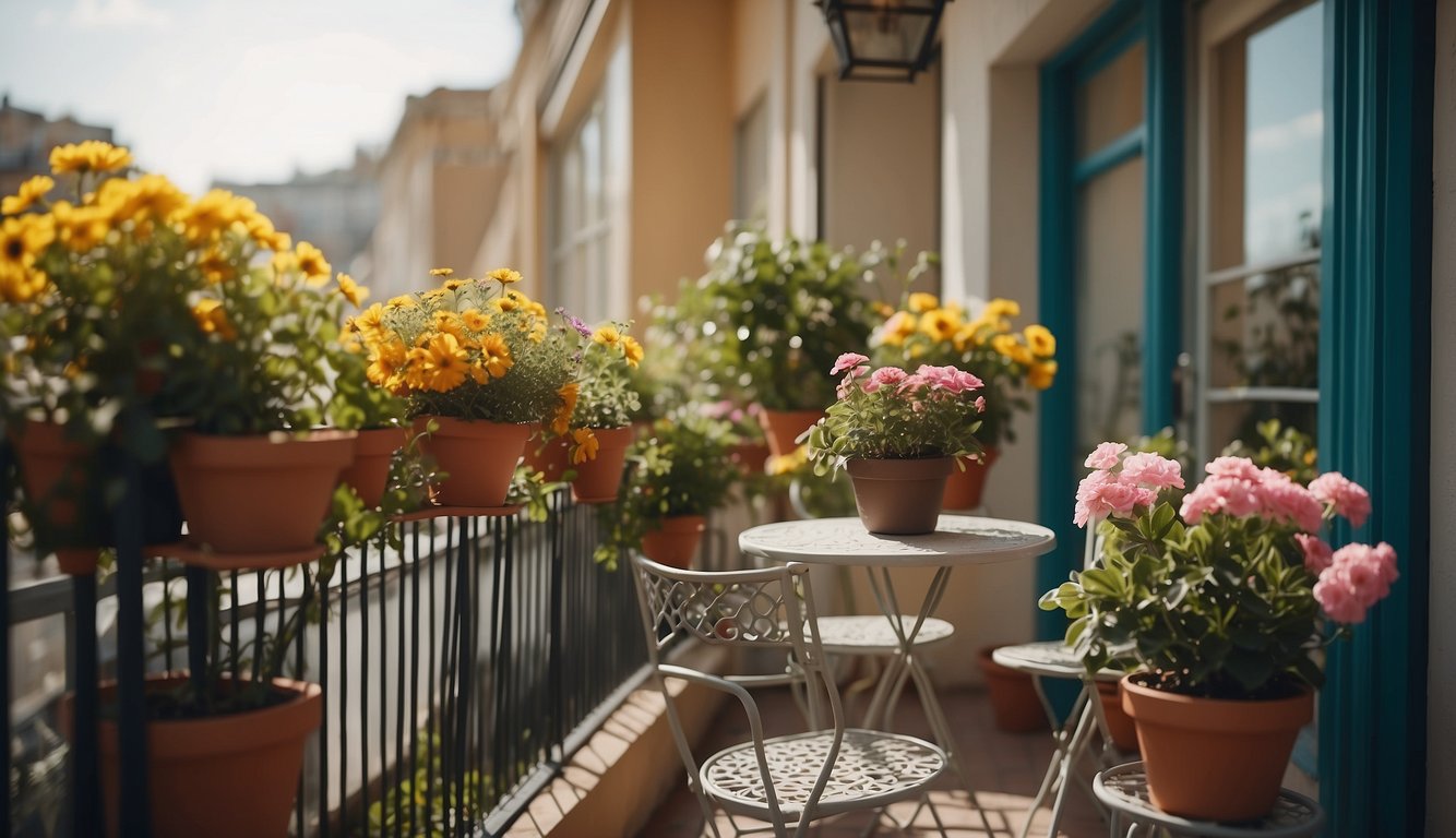 A small balcony with potted plants arranged neatly, a table and chairs for relaxation, and hanging baskets filled with colorful flowers