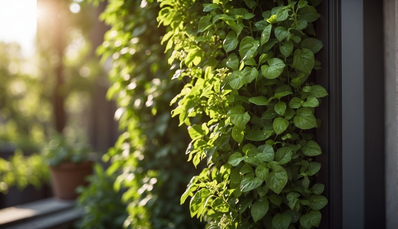 Lush green plants thrive on a vertical garden, their leaves reaching towards the sunlight, while a watering system ensures their health and vibrancy