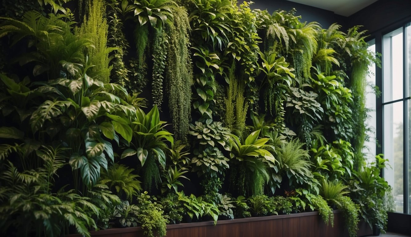 Lush green plants thriving in a vertical garden, with vibrant leaves and healthy growth, creating a visually stunning and sustainable plant display