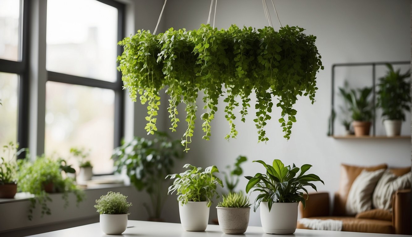 Vibrant plants hang from ceiling hooks in a modern, well-lit living room. A sleek hydroponic system sits on a minimalist table, surrounded by lush greenery