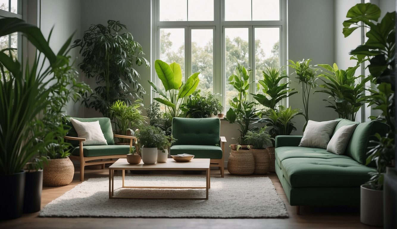 Lush green plants fill a modern, well-lit indoor space with sleek furniture and clean lines, creating a stylish and inviting garden design