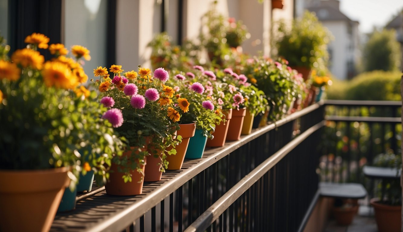 Vibrant flowers and lush greenery fill the balcony, arranged in colorful pots and hanging baskets. The sun shines down, casting a warm glow on the flourishing garden