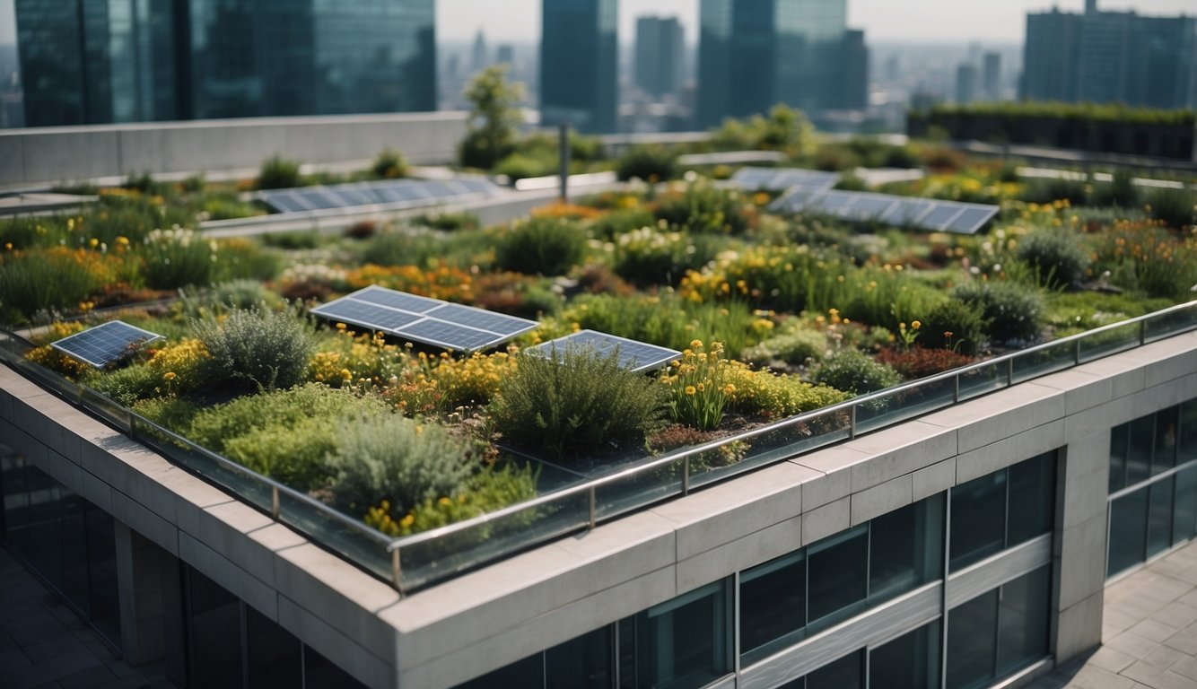 A modern building with a green roof covered in plants and solar panels, surrounded by urban infrastructure
