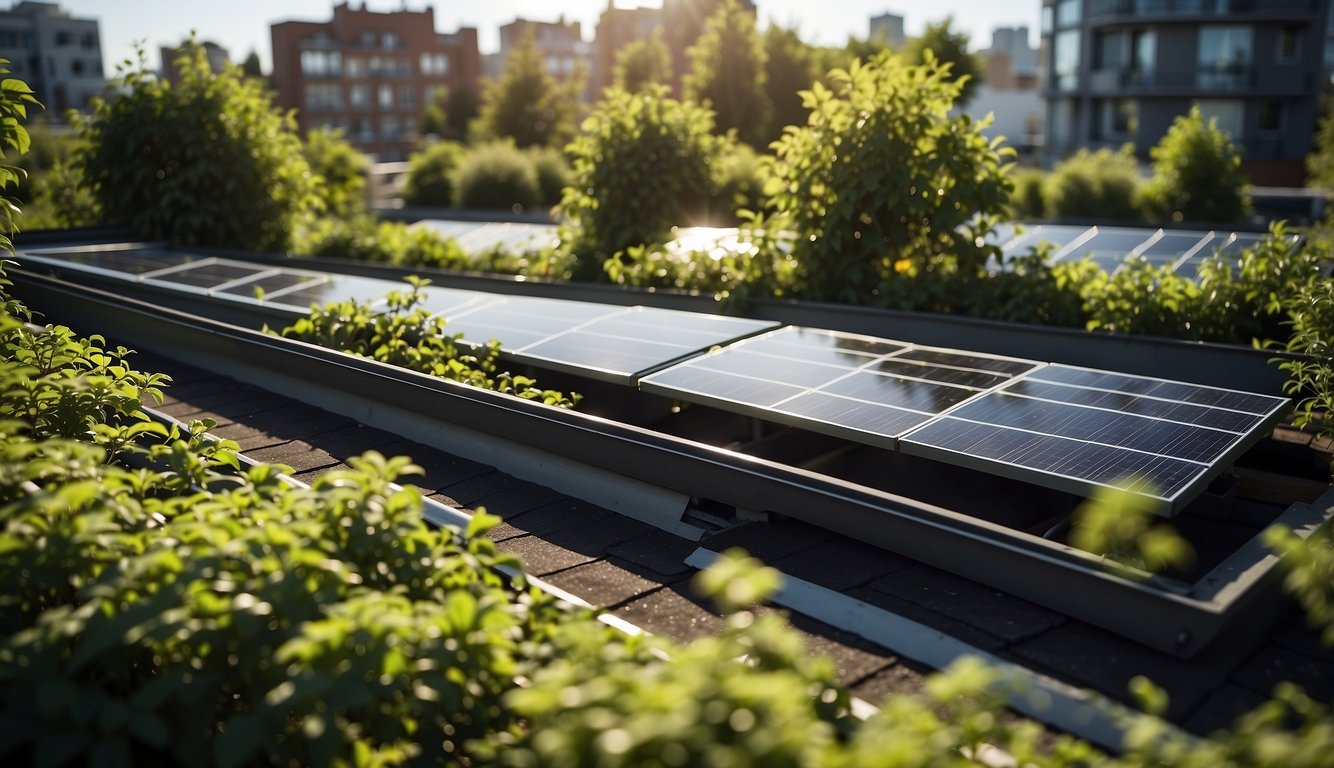 A rooftop covered in green vegetation, with solar panels integrated, showcasing cost-effective and environmentally friendly roofing solution