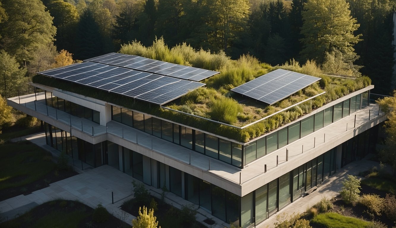 A building with a green roof, surrounded by trees and solar panels, with a sign that reads "Frequently Asked Questions Cost-Effective Green Roofing."