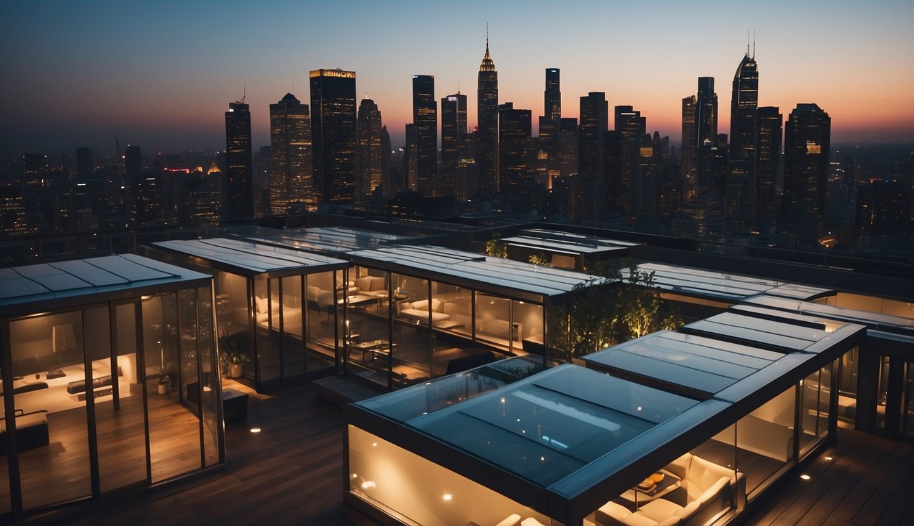 A modern city rooftop with sleek privacy screens, surrounded by tall buildings and bustling streets below