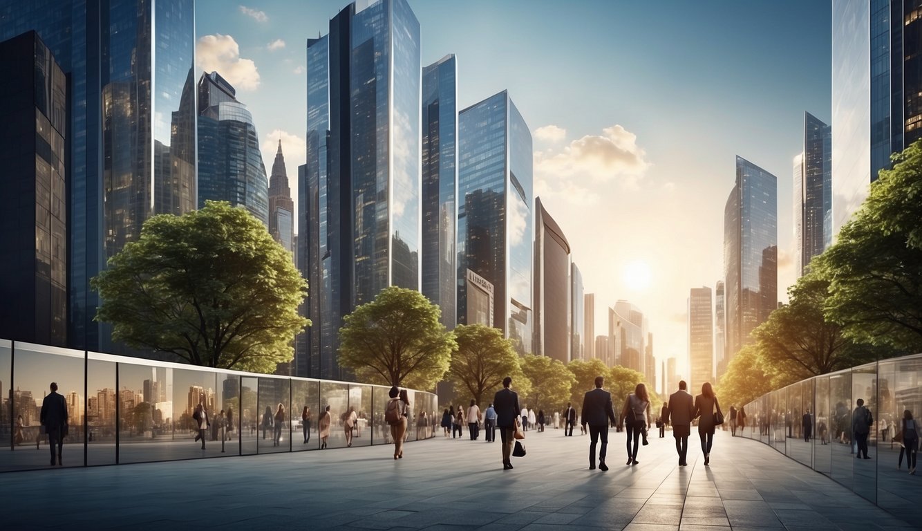 A cityscape with modern buildings and people walking by, featuring privacy screens with urban designs