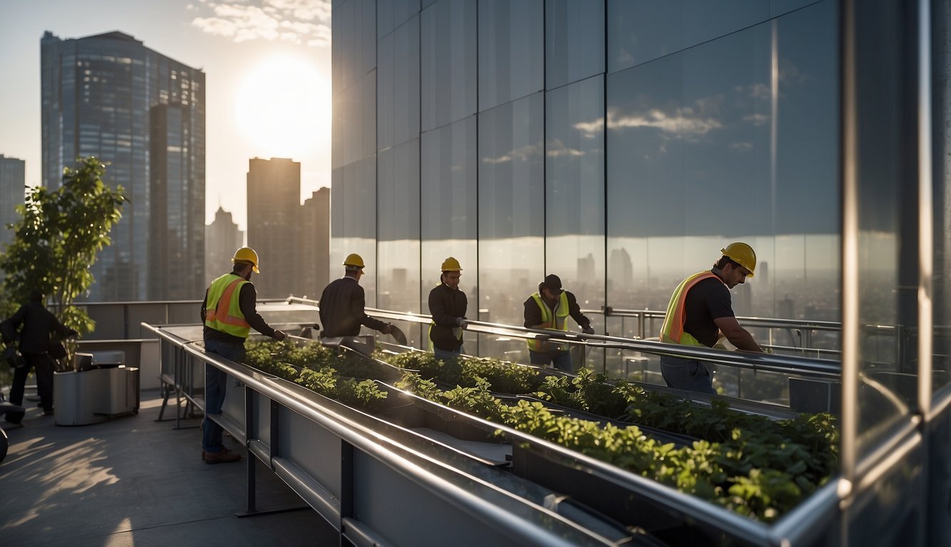 A team of workers installs sleek urban privacy screens on a city rooftop, while others conduct maintenance on existing screens below