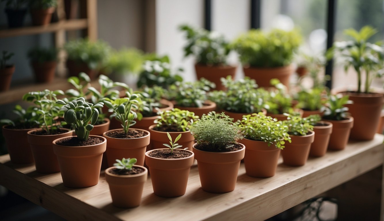 Potted plants arranged on shelves, soil bags, and gardening tools in a well-lit indoor space