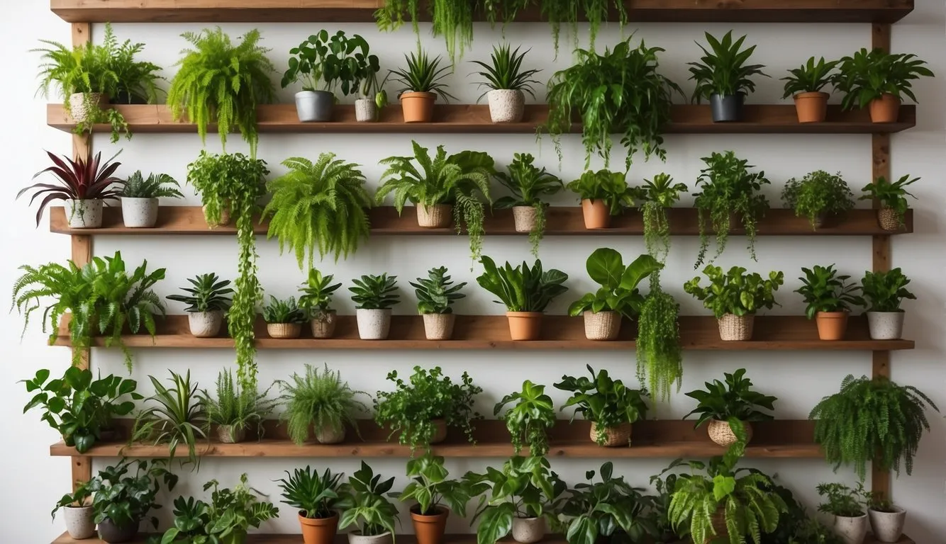 Lush green plants arranged in a vertical garden, hanging from a wooden frame against a white wall. Various sizes and types of plants create a visually appealing and creative display