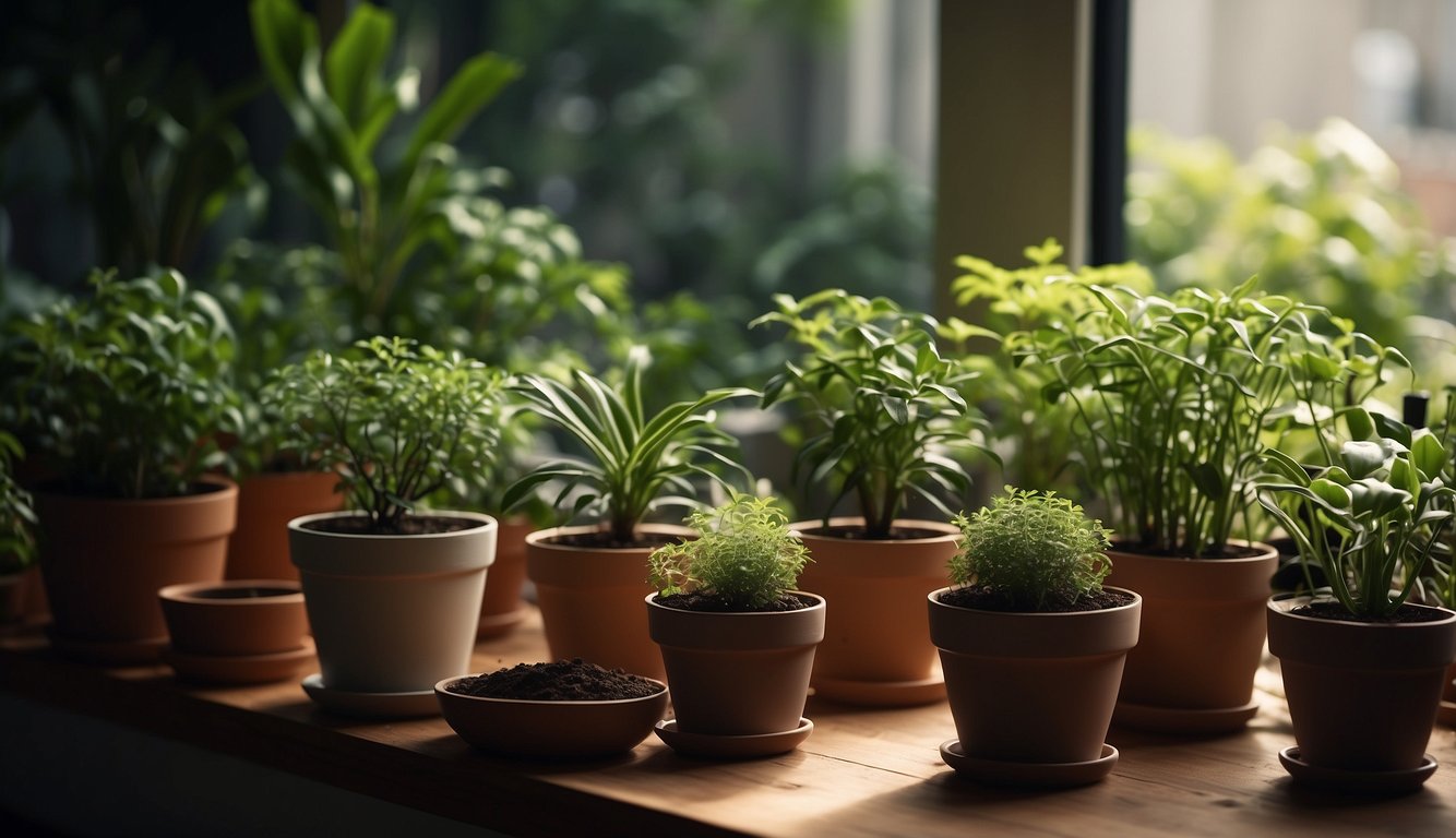Lush green plants are being watered and pruned in a cozy indoor garden, with pots of soil and gardening tools scattered around for seasonal upkeep