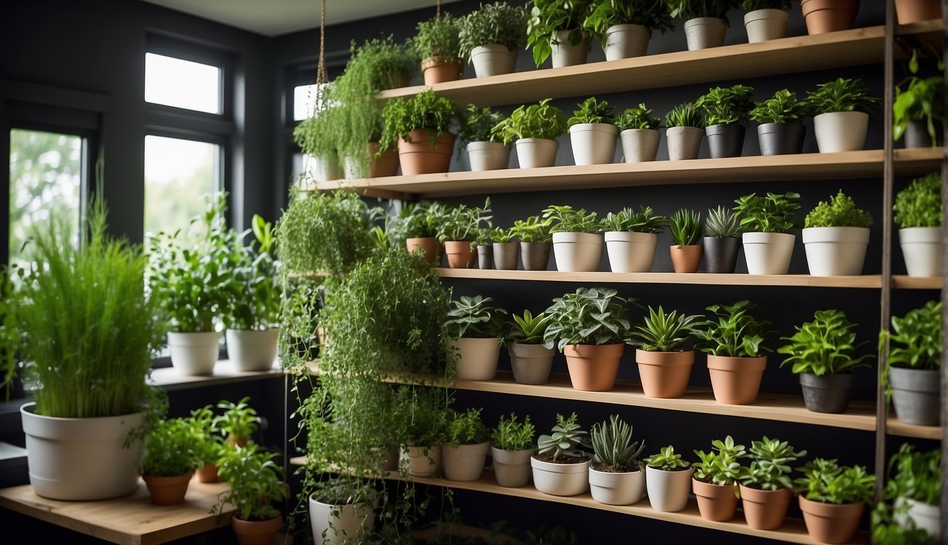 Lush green plants arranged on shelves, pots, and hanging planters in a well-lit room. Gardening tools and seed packets are neatly organized on a nearby table