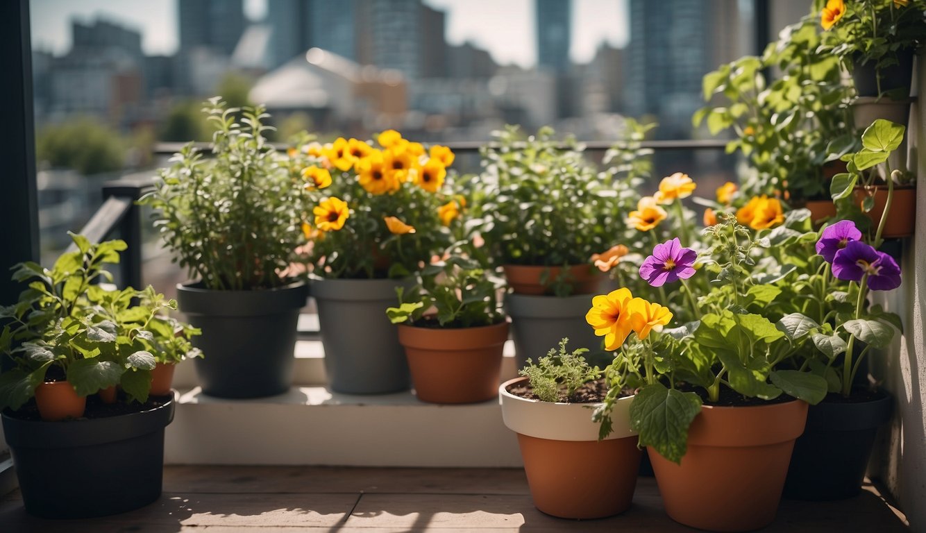 A balcony garden with various edible flowers and plants in pots, arranged in a way that maximizes space and sunlight