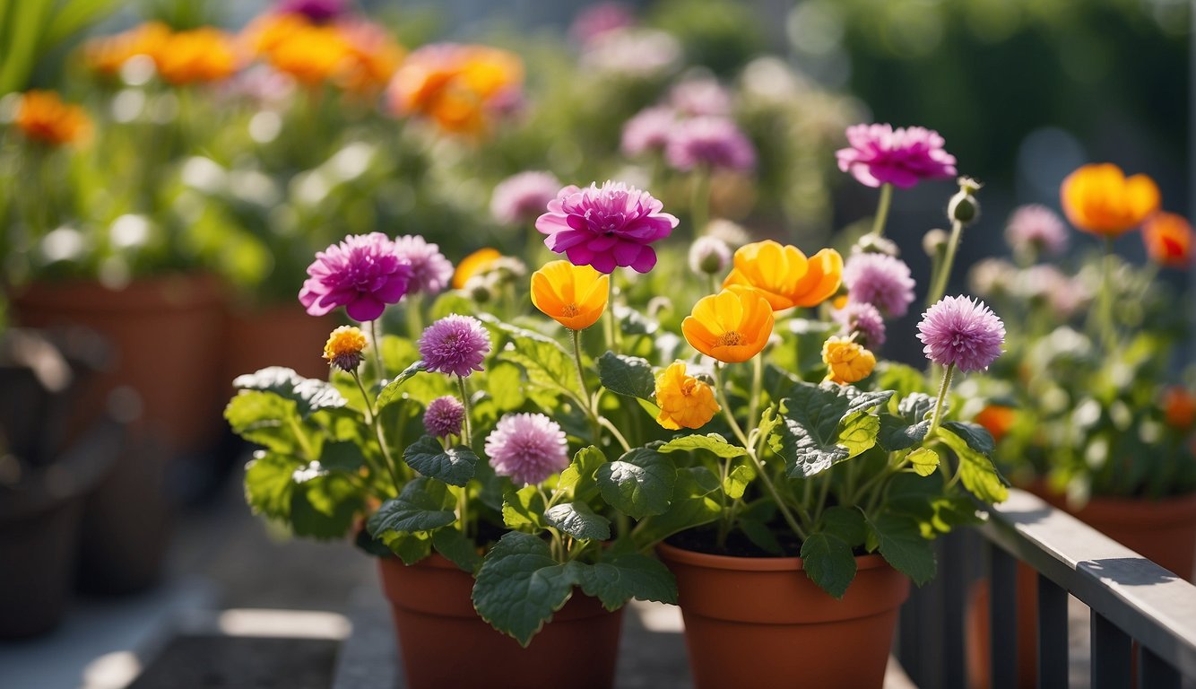 Colorful edible flowers bloom on a balcony garden. Natural pest control methods are used to prevent infestations