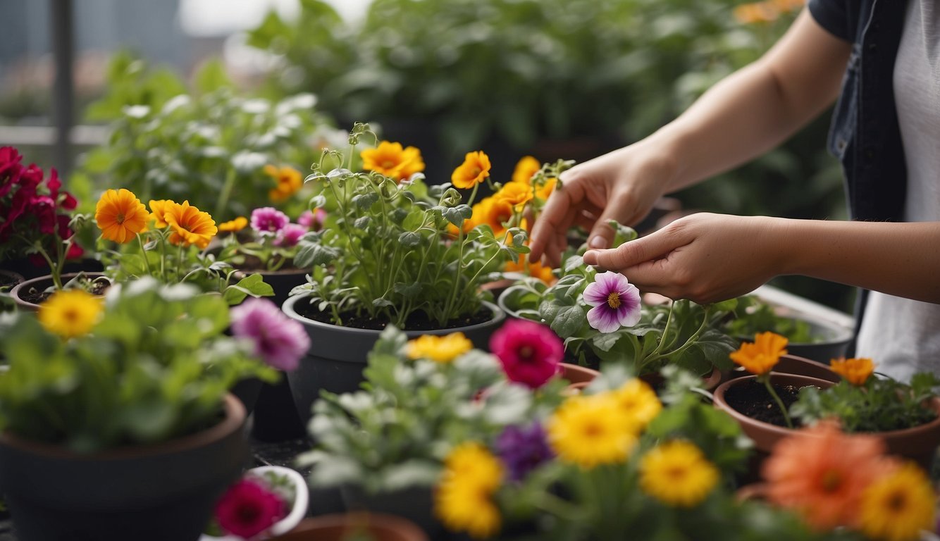 A person picking colorful edible flowers from balcony garden pots. They are using the flowers to garnish a salad and infuse water