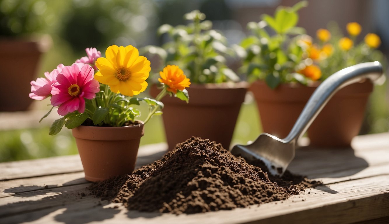 A hand trowel digs into rich soil, planting vibrant edible flowers in pots on a sunny balcony. A watering can sits nearby, ready to nourish the new blooms