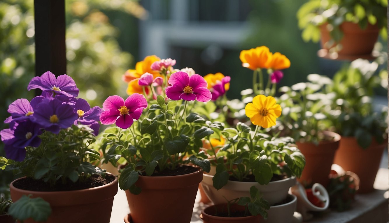 Lush balcony garden with colorful edible flowers in full bloom. Pots arranged neatly, sunlight streaming in, creating a vibrant and inviting scene