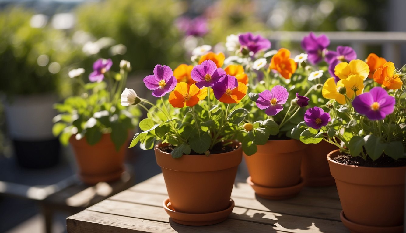 Vibrant edible flowers bloom in pots on a sunny balcony, surrounded by lush greenery and basking in the warm sunlight