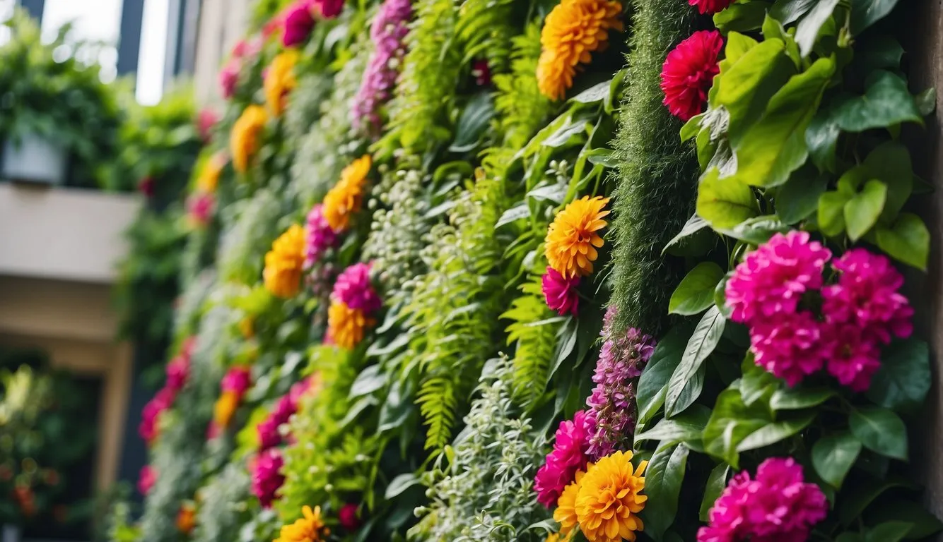 Lush greenery cascades down a vibrant wall, interspersed with pops of colorful flowers and foliage. The vertical garden creates a stunning focal point, breathing life into the space