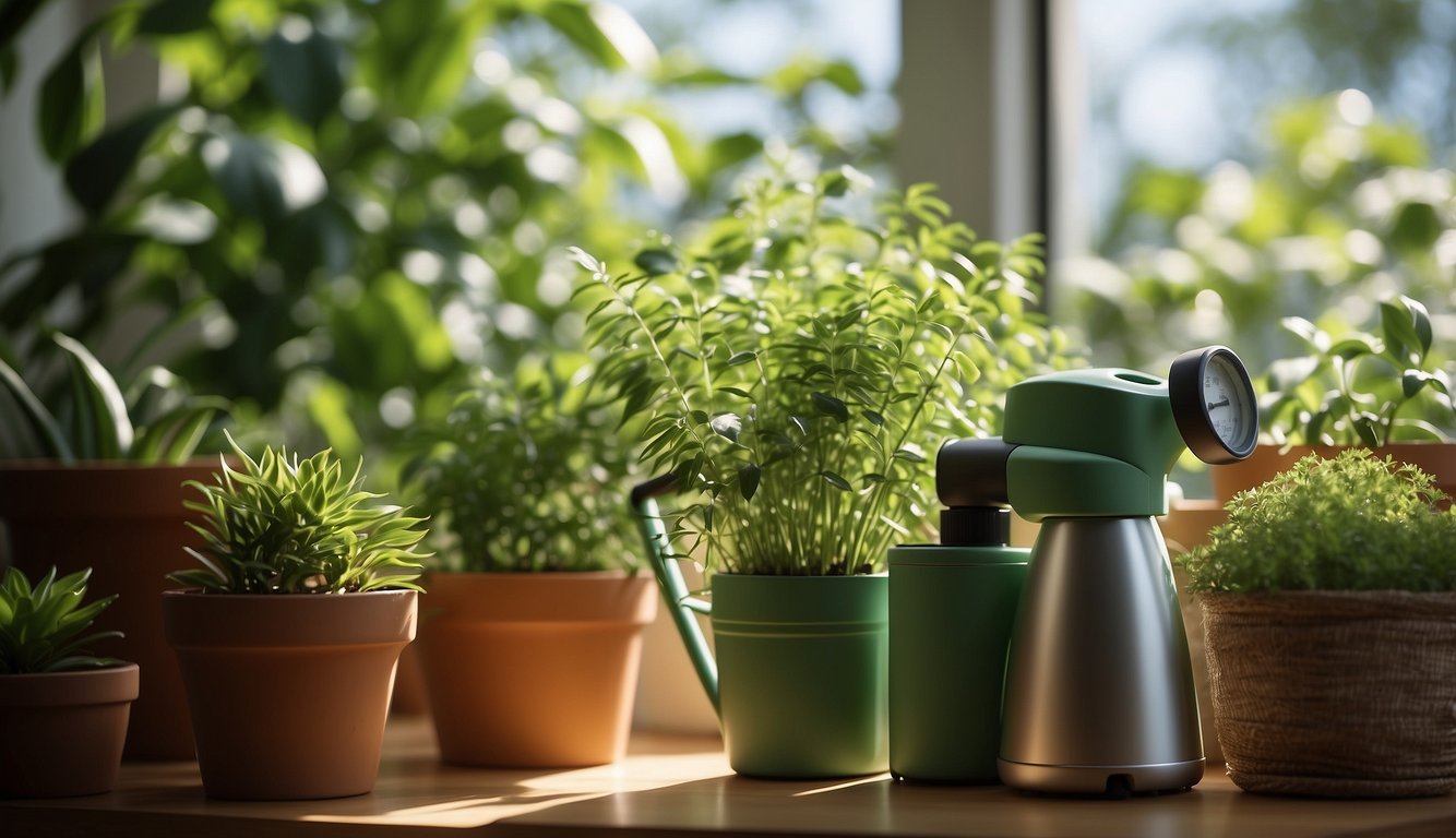 Lush green plants sit in a sunlit indoor garden. A small, digital moisture meter displays optimal levels. A watering can and misting bottle are nearby