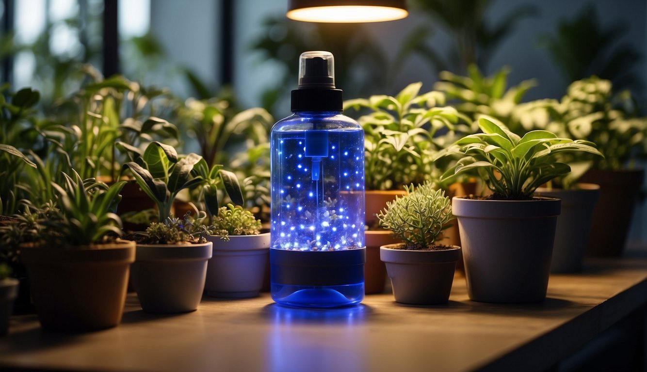 Brightly lit indoor garden with potted plants. A pest management expert troubleshoots moisture levels. Spray bottles and tools nearby