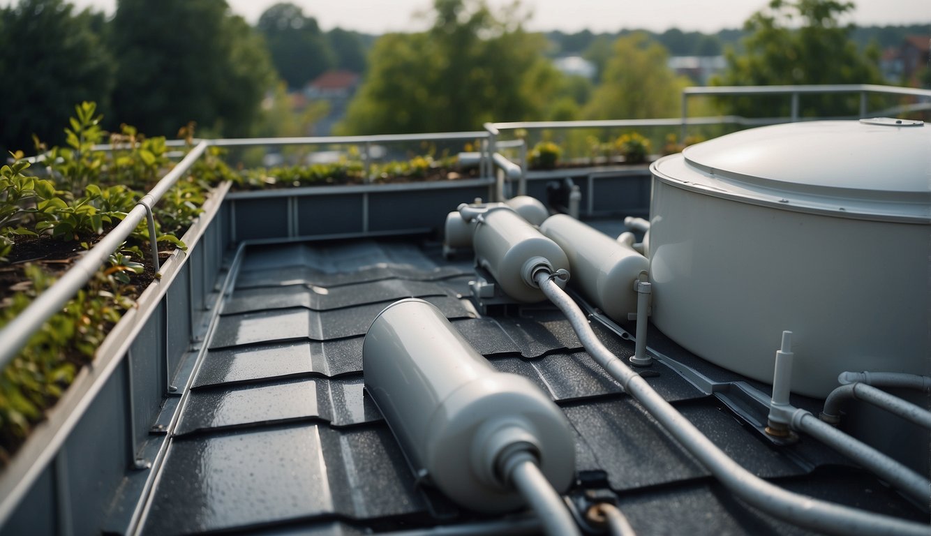 A rooftop with rainwater harvesting system, capturing and storing water, with gutters, downspouts, and storage tanks