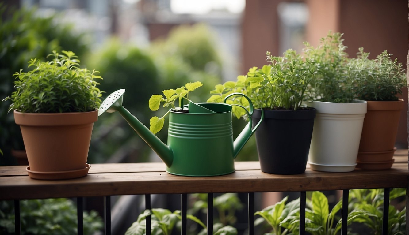 Lush green plants thrive in pots on a small urban balcony. A watering can and gardening tools sit nearby, with a compost bin in the corner