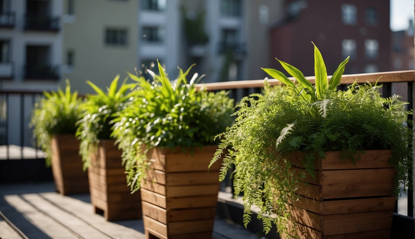 Lush green plants cascade from wooden planters on a city balcony. Pops of color from blooming flowers and herbs create an urban oasis